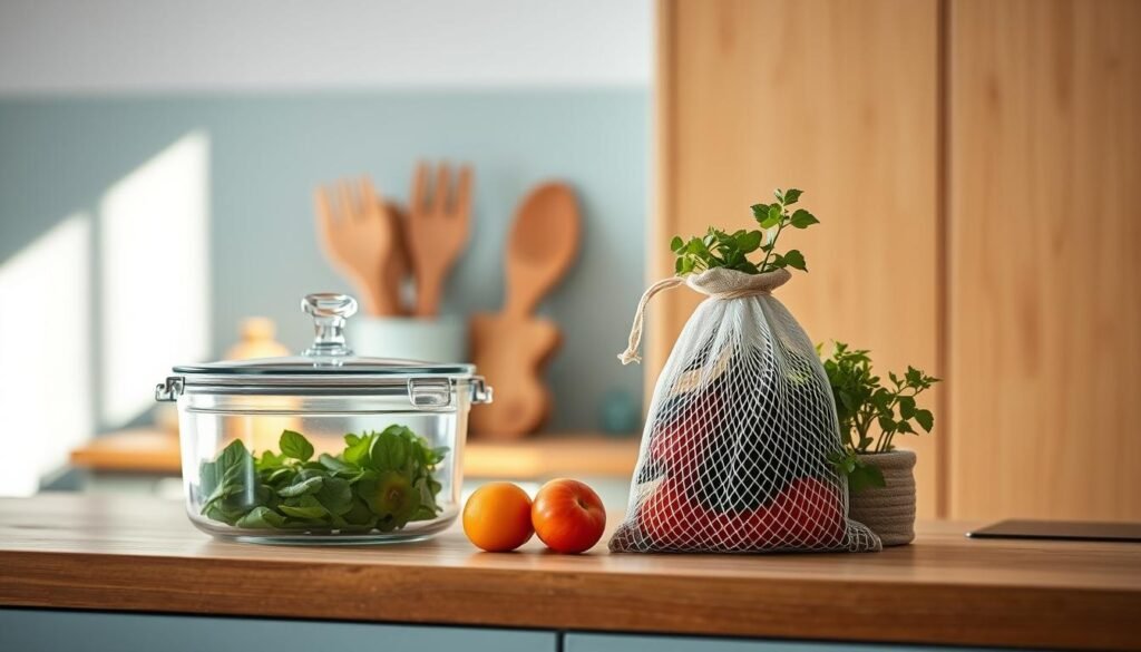 A cozy, minimalist kitchen with warm wooden textures and light blue accents. On the counter, an array of freshness preservation techniques are showcased: a glass container with a tight-fitting lid, a vacuum-sealed bag, a reusable mesh produce bag, and a small herb planter. Soft, natural lighting casts a gentle glow, highlighting the simple elegance of the scene. The focus is on the practical yet stylish tools that help maintain the flavor and freshness of ingredients throughout the week.