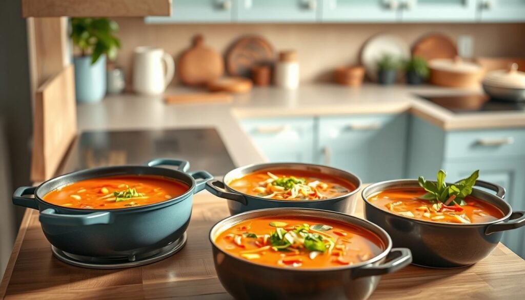 A cozy, minimalist kitchen with warm wooden textures and light blue accents. On the counter, an array of Thai red curry variations simmers in cast-iron pots, their aromatic spices wafting through the air. Coconut milk, lemongrass, and kaffir lime leaves create a vibrant, creamy base, while sliced chilies, shallots, and fresh herbs add depth and complexity. The scene is bathed in soft, natural light, highlighting the intricate layers of flavor and the promise of a delicious, office-friendly meal prep.