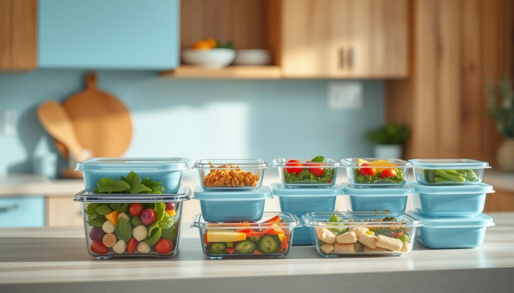 A cozy, minimalist kitchen with warm wooden textures and light blue accents. On the counter, an assortment of sleek, translucent food storage containers in various sizes and shapes, arranged in a visually pleasing manner. The containers are filled with vibrant, Mediterranean-inspired meals, ready to be grabbed and taken on the go. The lighting is soft and natural, highlighting the clean lines and practicality of the storage solution. A sense of organization and efficiency pervades the scene, inviting the viewer to envision a well-prepared, healthy work or travel lunch.