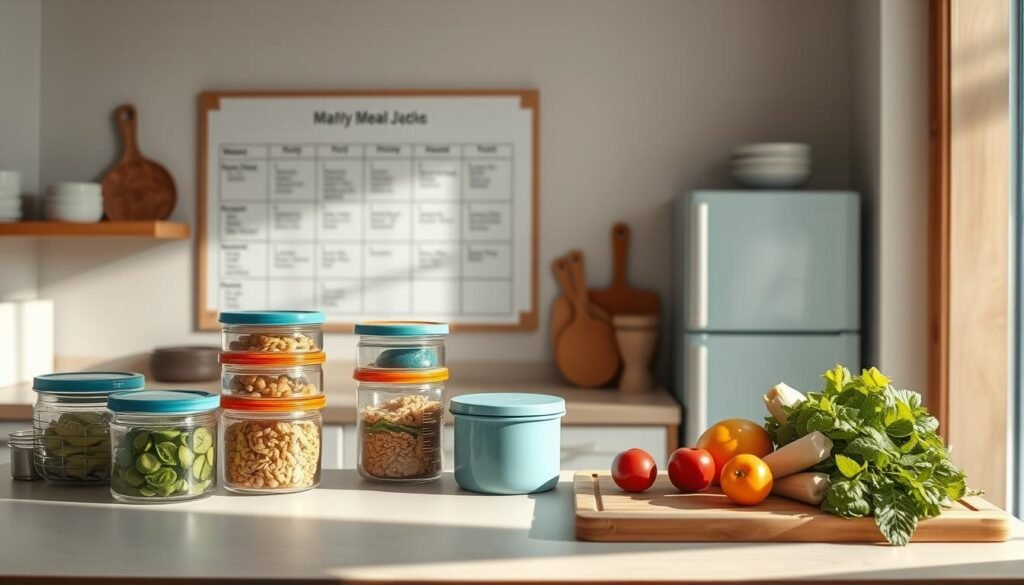 A cozy, minimalist kitchen with warm wooden textures and light blue accents. On the counter, an assortment of reusable glass containers, a bamboo cutting board, and fresh produce. In the background, a simple meal plan whiteboard showcases a week's worth of nutritious, zero-waste recipes. Soft natural lighting illuminates the scene, capturing the serene atmosphere of efficient, eco-friendly meal prep. The overall composition conveys a sense of organization, sustainability, and a commitment to reducing food waste in the office environment.