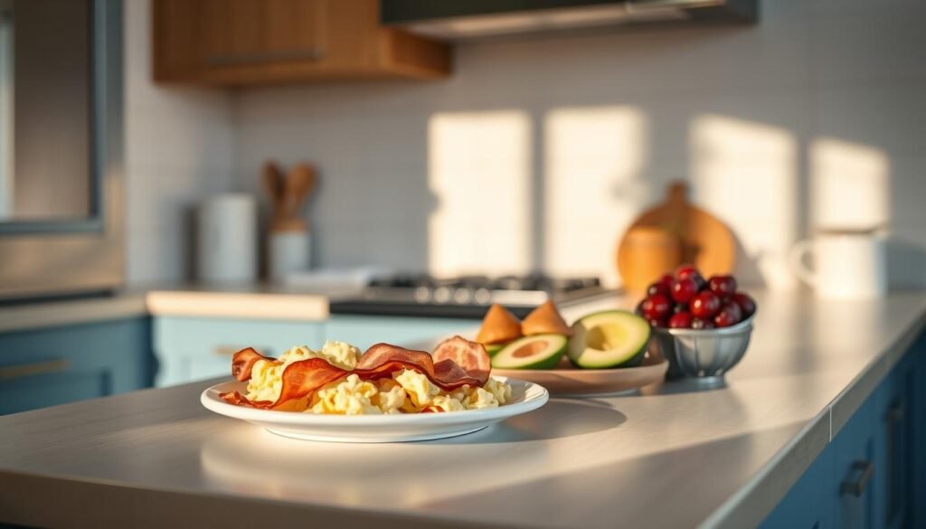 A cozy, minimalist kitchen with warm wooden textures and light blue accents. On the counter, an array of keto-friendly breakfast options - a plate of fluffy scrambled eggs, crispy bacon, avocado slices, and a small bowl of fresh berries. The scene is bathed in soft, natural lighting, creating a calming and inviting atmosphere. The focus is on the delicious and nutritious keto breakfast, with no distracting elements or hands visible. The image conveys the idea of a quick, easy, and satisfying keto meal to start the day.