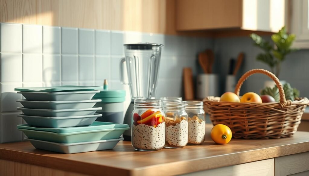 A cozy, minimalist kitchen with warm wooden textures and light blue accents. On the countertop, an assortment of sustainable breakfast meal prep items - reusable silicone food wraps, glass jars filled with overnight oats, a blender, and a basket of fresh seasonal produce. Soft, natural lighting illuminates the scene, casting gentle shadows and highlighting the textures. The overall atmosphere is one of simplicity, organization, and a commitment to eco-friendly living.