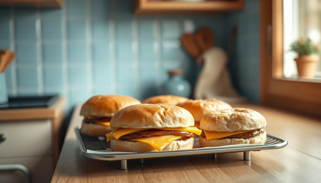 A cozy, minimalist kitchen with warm wooden textures and light blue accents. On the countertop, a set of breakfast sandwiches are being carefully reheated, their aroma filling the air. The crisp, golden-brown exterior of the buns contrasts with the soft, melty cheese and savory fillings within. Gentle natural light from a nearby window casts a soft glow, highlighting the delicate textures. A sense of care and attention to detail permeates the scene, creating an inviting atmosphere for the perfect breakfast experience.