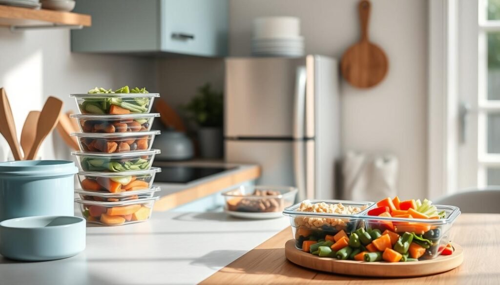 A cozy, minimalist kitchen with warm wooden textures and light blue accents. On the countertop, a stack of meal prep containers filled with keto-friendly ingredients - crisp vegetables, lean proteins, and healthy fats. Nearby, a strategically arranged spread showcasing the benefits of this meal planning approach: enhanced energy, reduced cravings, and effortless weight management. The scene is bathed in soft, natural light, creating a calming, inviting atmosphere that inspires healthy eating habits.