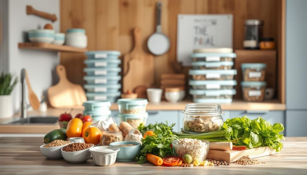 A cozy, minimalist kitchen with warm wooden textures and light blue accents. On the countertop, an assortment of meal prep containers, chopping boards, and cooking utensils are neatly arranged. In the foreground, a collection of fresh, vibrant ingredients like vegetables, grains, and spices convey the idea of wholesome, batch-cooked meals. The lighting is soft and natural, casting gentle shadows and highlighting the textures. In the background, glimpses of a smart organization system, such as labeled jars or a meal planning board, suggest a practical and efficient approach to batch cooking and meal prepping.
