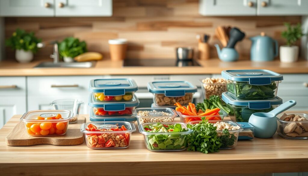 A cozy, minimalist kitchen with warm wooden textures and light blue accents. On the countertop, an assortment of airtight containers, measuring cups, and a cutting board. Freshly chopped vegetables, grains, and proteins are neatly organized, ready for efficient meal prep. The scene exudes a sense of calm and intentionality, capturing the essence of a well-planned family lunch routine. Soft, natural lighting illuminates the space, creating a welcoming atmosphere. No hands are visible, emphasizing the thoughtful organization of the meal prepping strategies.
