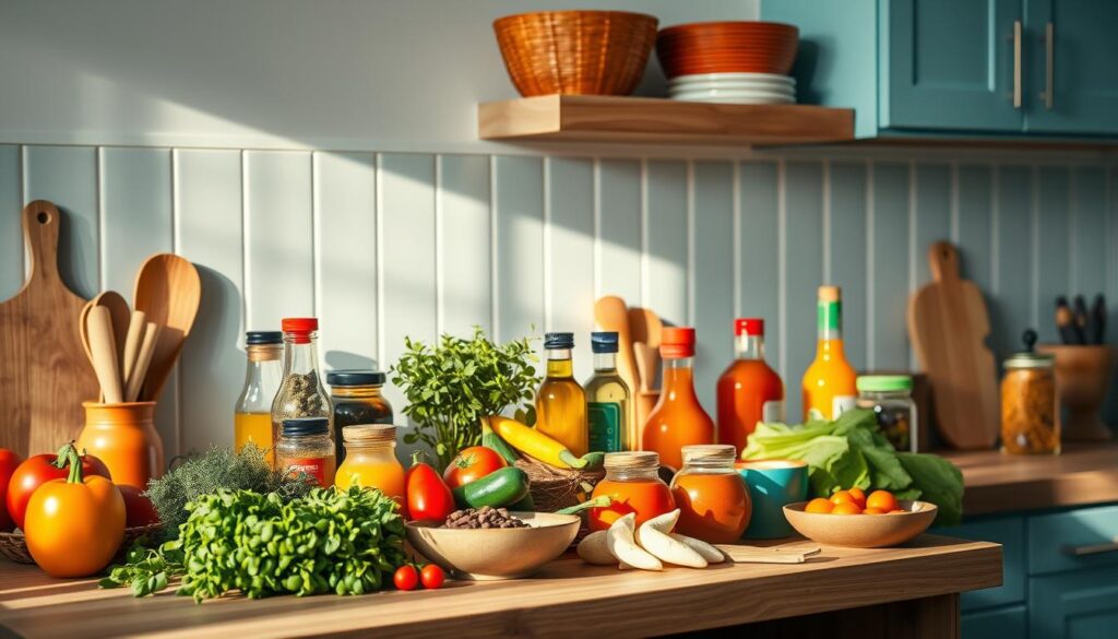 A cozy, minimalist kitchen with warm wooden textures and light blue accents. On the countertop, an assortment of vibrant ingredients representing global meal prep flavors - fresh herbs, spices, colorful vegetables, and jars of sauces, oils, and condiments. The lighting is soft and natural, casting a gentle glow over the scene. The overall atmosphere is one of culinary inspiration and worldly exploration, inviting the viewer to embark on a flavorful journey through international cuisines.