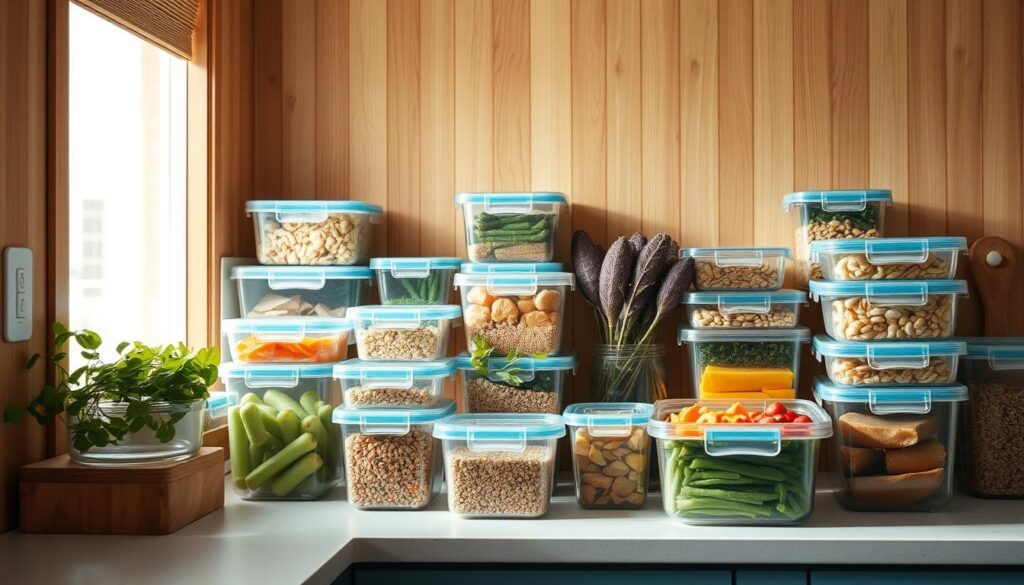 A cozy, minimalist kitchen with warm wooden textures and light blue accents. On the countertop, an array of transparent containers in various sizes and shapes, neatly organized. The containers are filled with a variety of colorful, texturally diverse ingredients - fresh vegetables, grains, and proteins. The lighting is soft and natural, casting gentle shadows that accentuate the clean lines and textures of the containers. The scene conveys a sense of order, efficiency, and the thoughtful preparation of nourishing meals.