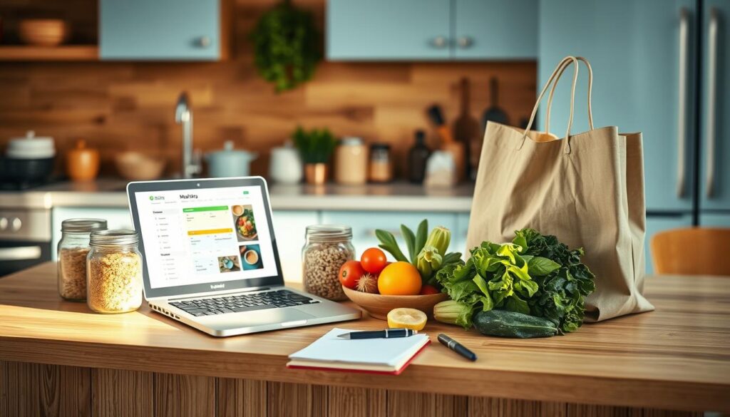 A cozy, minimalist kitchen with warm wooden textures and light blue accents. On the countertop, an array of fresh produce, jars of grains, and a reusable shopping bag. A laptop displays a meal plan, while a notebook and pen lie nearby, suggesting the planning process. The lighting is soft and natural, creating a serene atmosphere conducive to mindful meal preparation. The scene conveys a sense of organization, health-consciousness, and a commitment to sustainable grocery shopping strategies.