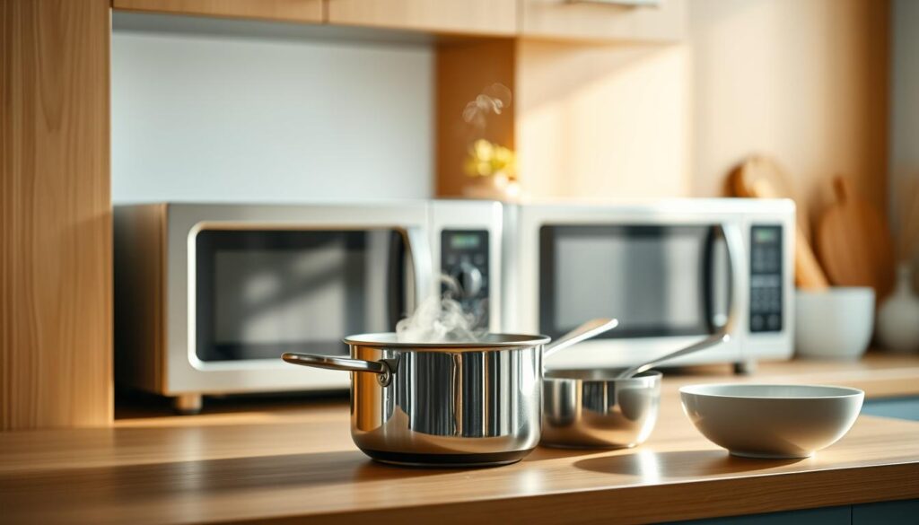 A cozy, minimalist kitchen with warm wooden textures and light blue accents. On the countertop, a selection of reheating tools: a stainless steel saucepan, a sleek microwave, and a simple bowl for mixing sauces. Steam gently rises from the saucepan, indicating the perfect reheating temperature. The lighting is soft and natural, casting a inviting glow over the scene. The overall atmosphere is one of efficiency and culinary expertise, providing a visually compelling illustration of 