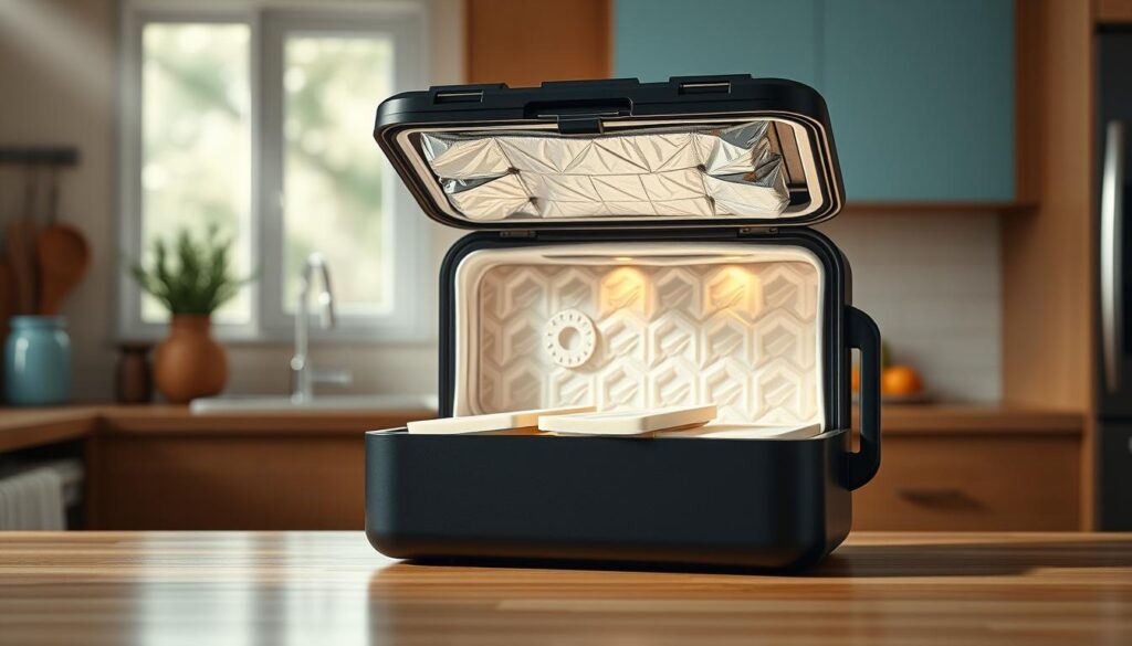 A cozy, minimalist kitchen with warm wooden textures and light blue accents. On the countertop, a sleek, matte-black lunch cooler sits, its insulation exposed through a cutaway cross-section. The cooler's interior reveals sophisticated layering of insulating materials - high-density foam, reflective foil, and advanced polymer barriers. Beams of soft, directional lighting illuminate the intricate construction, highlighting the science behind temperature control in meal prep. The scene conveys an atmosphere of culinary efficiency and thermal engineering expertise.