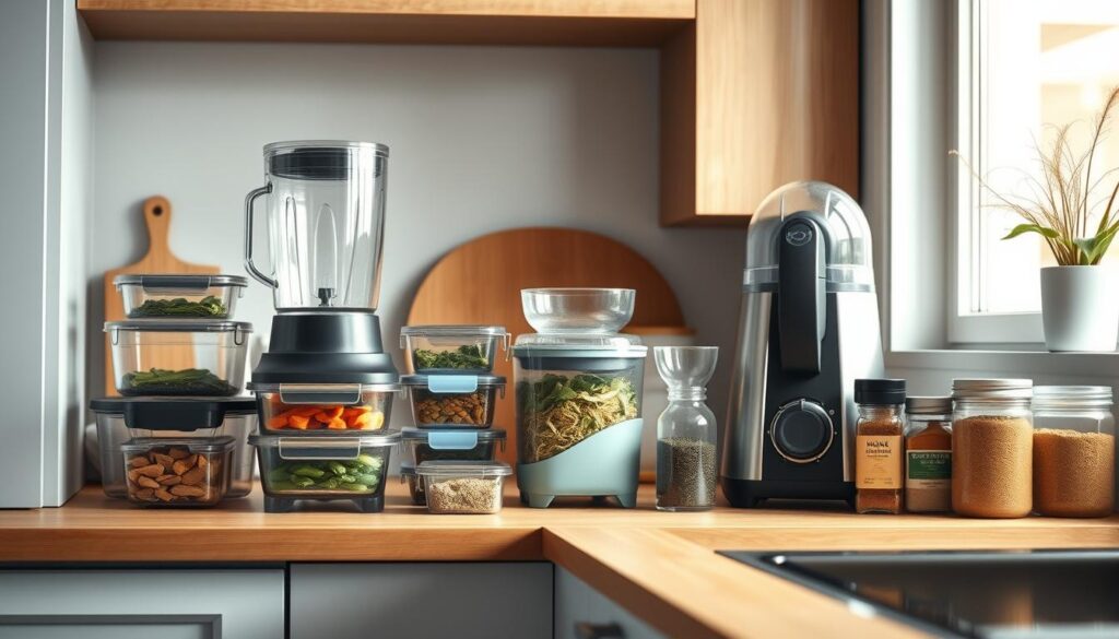 A cozy, minimalist kitchen with warm wooden textures and light blue accents. On the countertop, a collection of time-saving meal prep hacks are displayed - stackable glass meal containers, a high-speed blender, a compact food processor, and various pre-portioned spices and seasonings. The scene is bathed in soft, natural lighting, creating a calm and efficient atmosphere for a busy professional's morning routine.