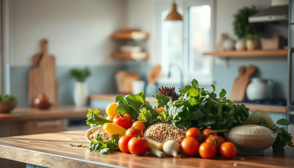 A cozy, minimalist kitchen with warm wooden textures and light blue accents. On the countertop, a variety of fresh, colorful ingredients - leafy greens, vibrant vegetables, and whole grains. Artfully arranged in a visually appealing composition, the ingredients suggest a range of creative, energy-boosting lunch recipes. Soft, natural lighting illuminates the scene, casting gentle shadows and highlighting the textures. The overall mood is one of simplicity, nourishment, and culinary inspiration.