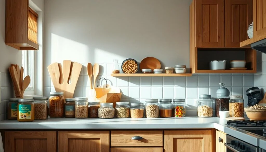 A cozy, minimalist kitchen with warm wooden textures and light blue accents. On the countertop, an assortment of canned goods, dried legumes, and sealed jars are neatly organized, conveying a sense of preparedness. The lighting is soft and natural, casting a comforting glow over the scene. The angle is slightly elevated, offering a comprehensive view of the well-stocked pantry, ready to provide sustenance during times of need. The atmosphere is one of calm, quiet readiness - a visual representation of 