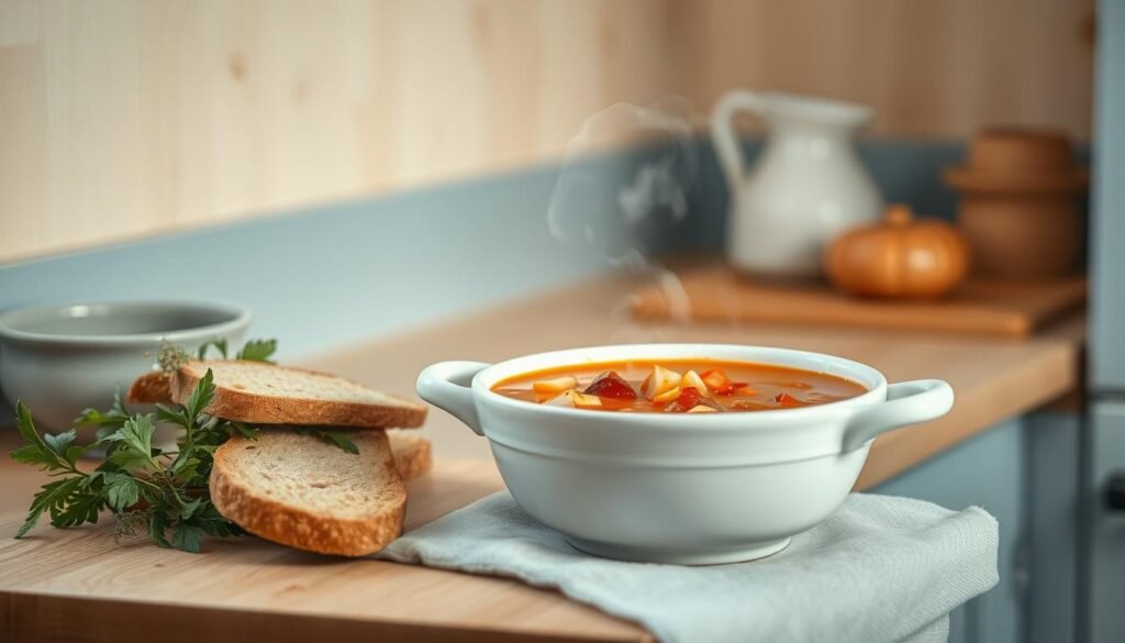 A cozy, minimalist kitchen with warm wooden textures and light blue accents. On the countertop, a white ceramic bowl filled with a rich, steaming soup. Fresh herbs and crusty bread accompany the meal, creating a comforting, inviting scene. The soft, natural lighting casts gentle shadows, highlighting the simple yet nourishing ingredients. The atmosphere exudes a sense of ease and contentment, perfect for a soothing evening meal prep routine.