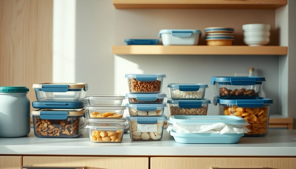 A cozy, minimalist kitchen with warm wooden textures and light blue accents. On the countertop, a variety of glass containers, airtight lids, and reusable silicone bags are neatly arranged, showcasing smart food storage techniques. The lighting is soft and natural, casting a gentle glow over the scene. The focus is on the organized, efficient storage solutions, reflecting the 