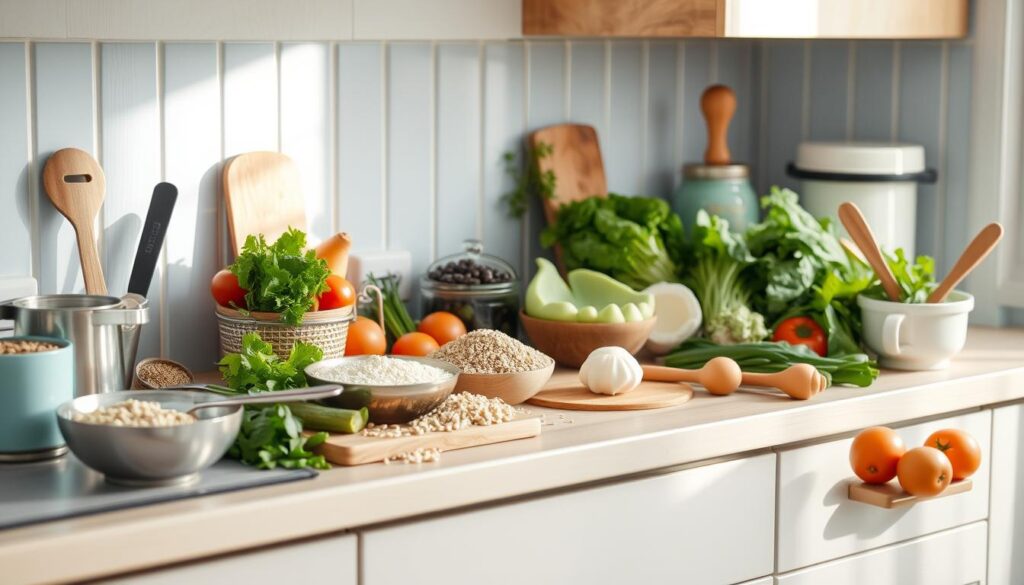 A cozy, minimalist kitchen with warm wooden textures and light blue accents. On the countertop, a variety of fresh vegetables, grains, and herbs are arranged alongside measuring cups and spoons. The scene captures the essence of recipe adaptation, with ingredients that can be easily substituted or combined to create nourishing, dietary-friendly meals. The lighting is soft and natural, casting a gentle glow over the scene, inviting the viewer to feel inspired and at ease. The overall atmosphere is one of simplicity, creativity, and a celebration of diverse culinary possibilities.