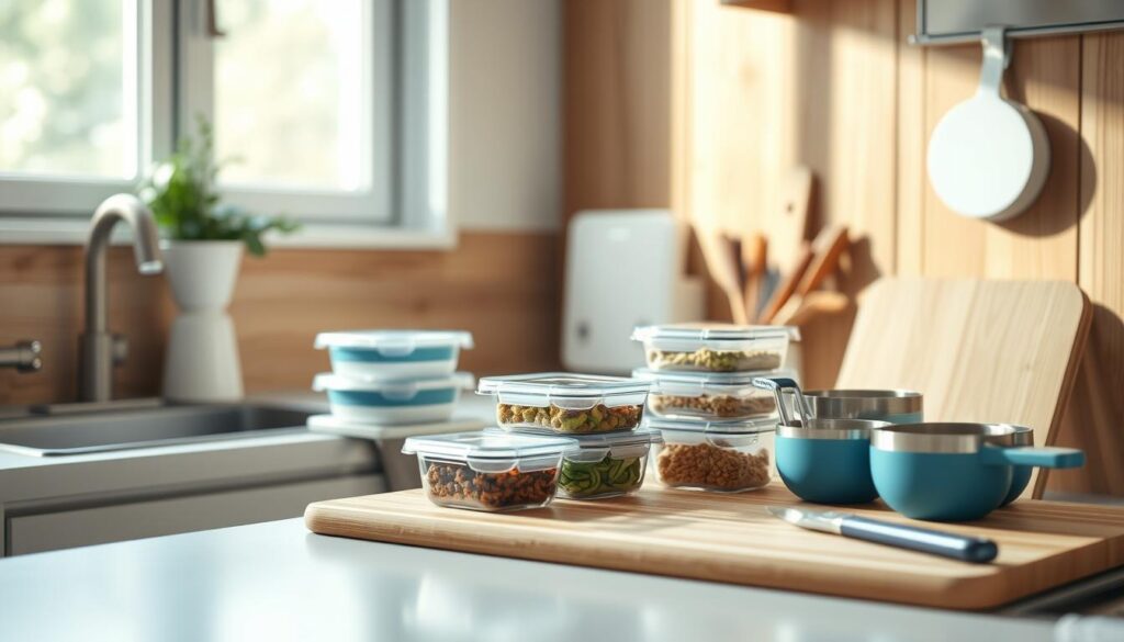 A cozy, minimalist kitchen with warm wooden textures and light blue accents. On the countertop, a neatly organized meal prep system, including meal containers, measuring cups, and a cutting board. The scene is well-lit, with soft, natural lighting from a window, creating a calm and efficient atmosphere. The countertop is clear, save for the well-designed meal prep tools, reflecting a sense of mastery and control over the daily lunch routine. The image conveys a feeling of simplicity, organization, and a streamlined approach to preparing nutritious meals.