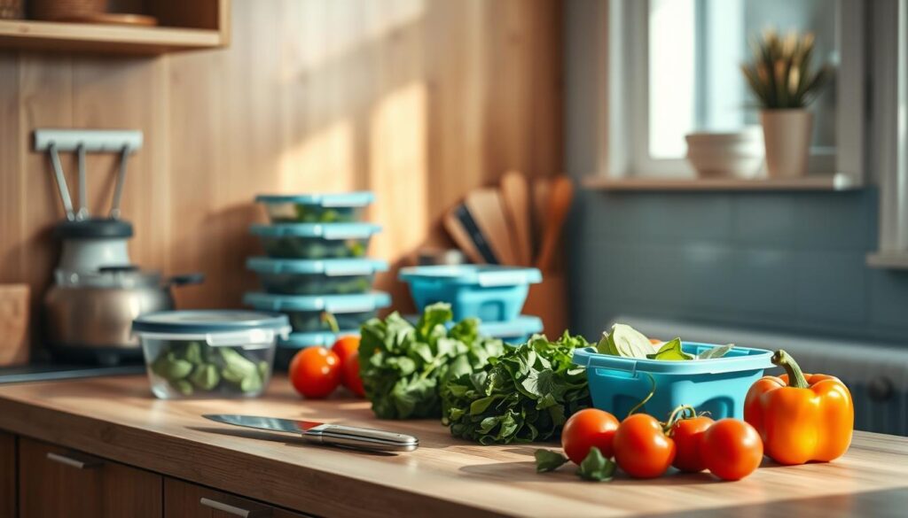 A cozy, minimalist kitchen with warm wooden textures and light blue accents. On the countertop, various meal prep containers, a sharp knife, and fresh produce like leafy greens, tomatoes, and bell peppers. Soft, natural lighting illuminates the scene, casting gentle shadows and highlighting the textures. The overall atmosphere conveys efficiency, organization, and a sense of culinary potential, inviting the viewer to envision time-saving meal prep strategies for a healthy, delicious dinner.