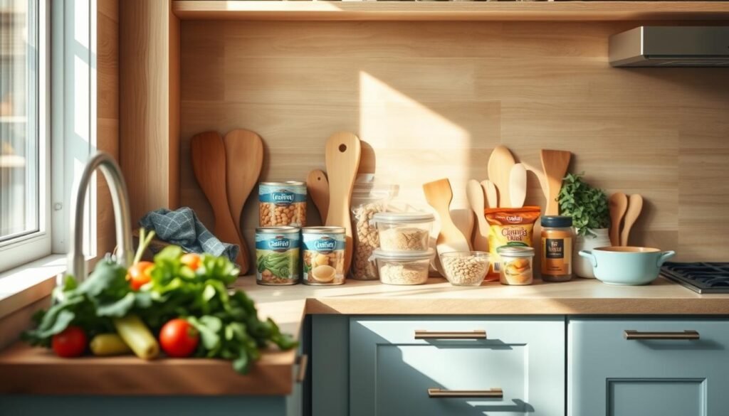 A cozy, minimalist kitchen with warm wooden textures and light blue accents. On the countertop, various budget-friendly ingredients are neatly arranged - fresh vegetables, canned beans, whole grains, and spices. The scene conveys a sense of organization and efficiency, reflecting the ethos of budget-friendly meal prep. Soft, natural lighting illuminates the space, casting gentle shadows and creating a calming atmosphere. The overall composition suggests a thoughtful approach to crafting delicious, cost-effective meals.