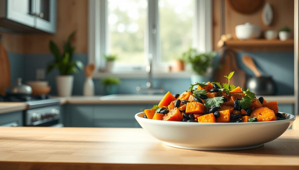 A cozy, minimalist kitchen with warm wooden textures and light blue accents. On the countertop, a vibrant dish of roasted sweet potatoes, black beans, and a medley of fresh vegetables. The aroma of cumin, garlic, and cilantro fills the air, inviting you to savor this delicious and nourishing meal. Soft, natural lighting from a large window casts a gentle glow, highlighting the dish's rich colors and textures. The scene evokes a sense of comfort and simplicity, perfect for a budget-friendly, yet satisfying dinner.