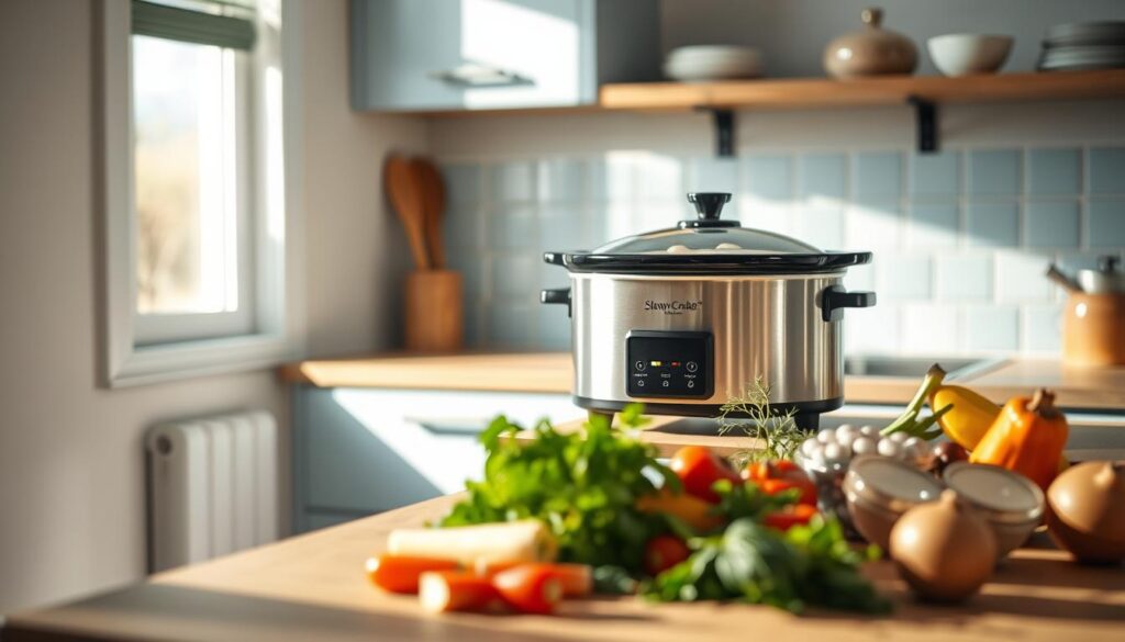 A cozy, minimalist kitchen with warm wooden textures and light blue accents. On the countertop, a slow cooker simmers, emanating the aroma of a hearty, homemade meal. The scene is bathed in soft, natural lighting, casting gentle shadows that highlight the slow cooker's simple elegance. In the foreground, various fresh ingredients - vegetables, herbs, and spices - are neatly arranged, suggesting the effortless convenience of slow-cooked dishes. The overall atmosphere is one of calm, contentment, and the joy of effortless meal preparation.