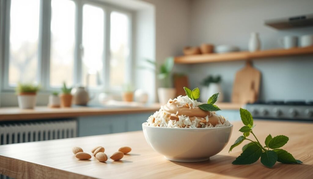 A cozy, minimalist kitchen with warm wooden textures and light blue accents. On the countertop, a smooth almond butter and shredded coconut mélange rests in a simple white ceramic bowl. Fresh mint leaves add a vibrant, aromatic touch. The light streams in through large windows, casting a soft, natural glow over the scene. In the background, a few potted plants and understated decor create a serene, inviting atmosphere. The image captures the essence of incorporating diverse, nourishing ingredients into a seasonal menu.