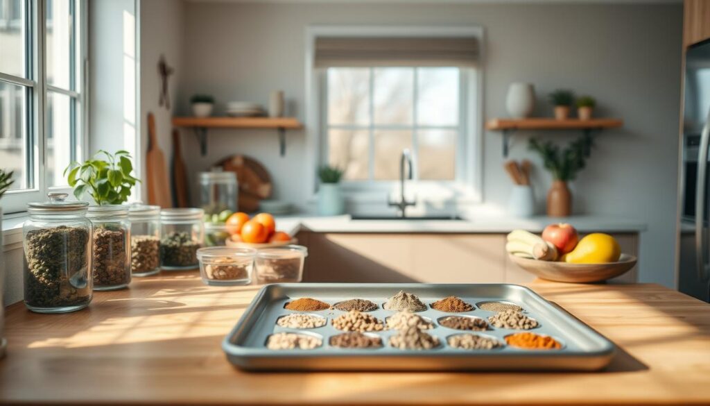 A cozy, minimalist kitchen with warm wooden textures and light blue accents. On the countertop, an arrangement of glass containers, cutting boards, and fresh produce, hinting at efficient meal prep strategies. A sleek sheet pan, ready to showcase a variety of spice blends for global-inspired dishes. Soft, natural lighting filters through the windows, creating a serene and inviting atmosphere. The scene conveys a sense of organization and practicality, inspiring the viewer to embrace a more streamlined approach to meal planning and preparation.