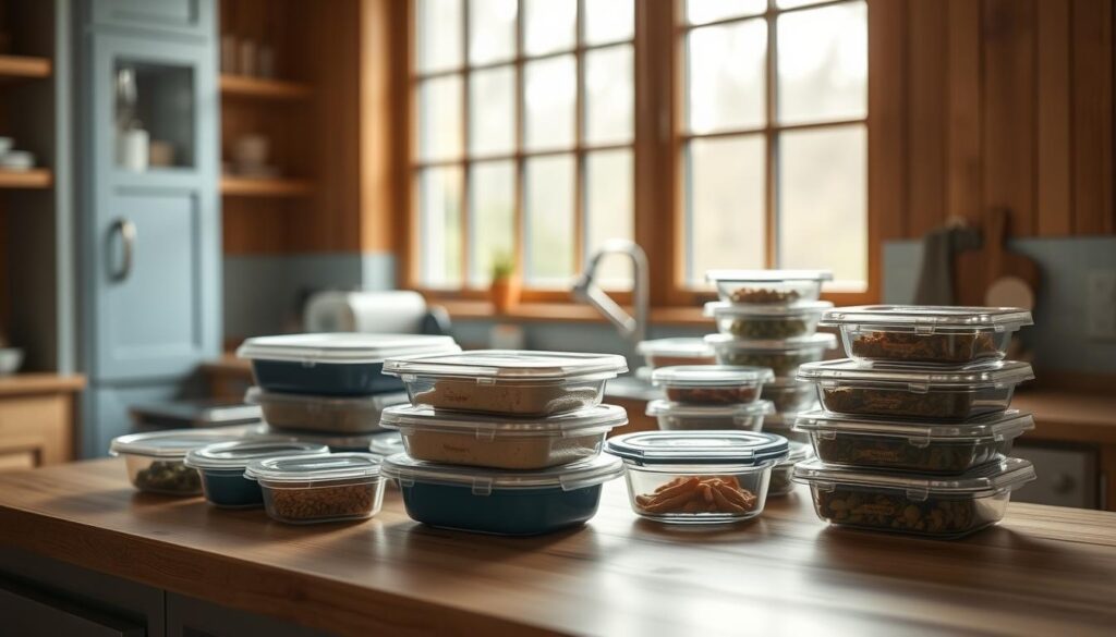 A cozy, minimalist kitchen with warm wooden textures and light blue accents. On the countertop, various meal prep containers are neatly arranged, showcasing the efficient organization of a batch cooking session. Carefully labeled lids and clear compartments reveal the thoughtful storage solutions for the meals. Soft, natural lighting from large windows creates a serene atmosphere, highlighting the culinary efforts and the practical approach to meal planning. The scene conveys a sense of control and resourcefulness, perfectly encapsulating the 
