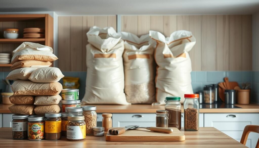 A cozy, minimalist kitchen with warm wooden textures and light blue accents. On the countertop, an assortment of large bulk grocery items - oversized bags of rice, flour, and oats. Stacks of canned goods and jars of spices occupy the foreground, suggesting a well-stocked pantry. The middle ground features a cutting board and cooking utensils, hinting at the meal preparation to come. Soft, diffused lighting illuminates the scene, creating a sense of calm efficiency. The overall atmosphere conveys the time-saving and cost-effective benefits of bulk shopping for a large family's meal planning.