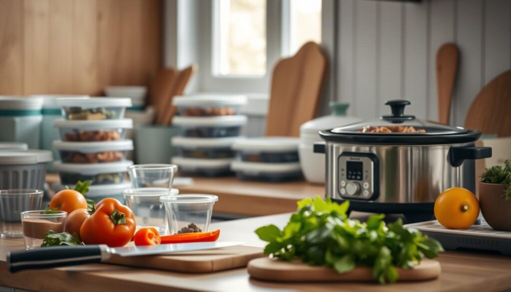 A cozy, minimalist kitchen with warm wooden textures and light blue accents. On the countertop, an array of meal prep containers, measuring cups, and cooking utensils are neatly arranged. In the foreground, a chef's knife and cutting board sit beside fresh vegetables, ready to be chopped and portioned. In the background, a slow cooker simmers with a hearty stew, filling the air with the aroma of a delicious, wholesome meal. The scene is bathed in soft, diffused lighting, creating a calming and efficient atmosphere for batch cooking techniques that will enable sustainable, high-protein lunches for the long term.