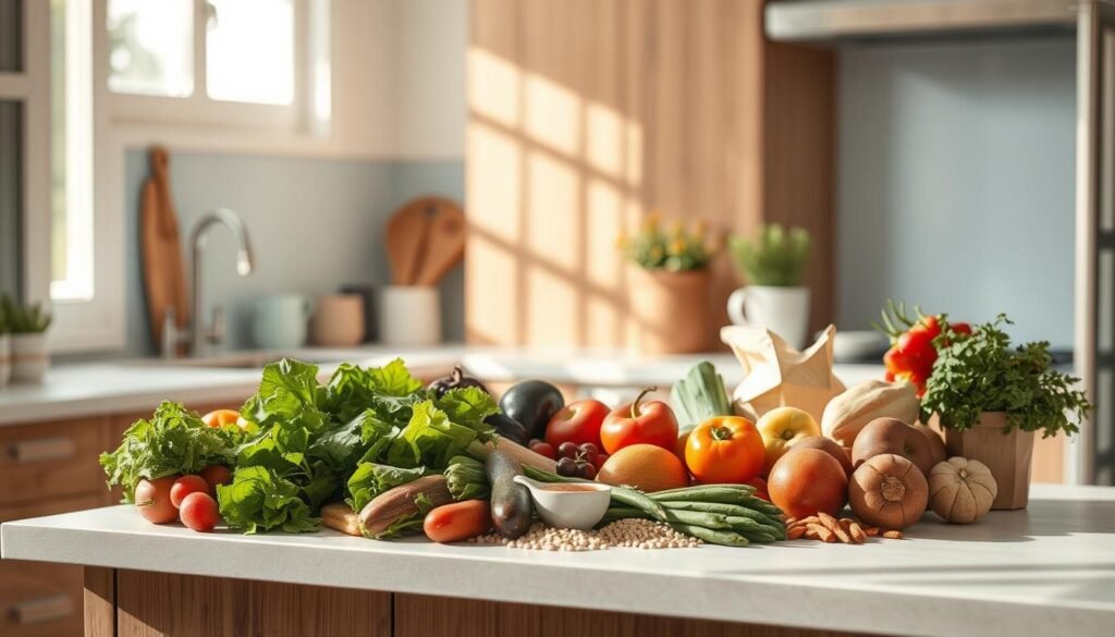 A cozy, minimalist kitchen with warm wooden textures and light blue accents. On the countertop, an assortment of whole foods arranged thoughtfully: vibrant greens, crisp vegetables, succulent fruits, and hearty grains. A soft, natural light filters through the windows, casting a gentle glow on the nourishing ingredients. The scene radiates a sense of simplicity, highlighting the inherent nutritional benefits of these whole, unprocessed foods. The overall mood is one of calm, inviting the viewer to appreciate the beauty and goodness of clean eating.