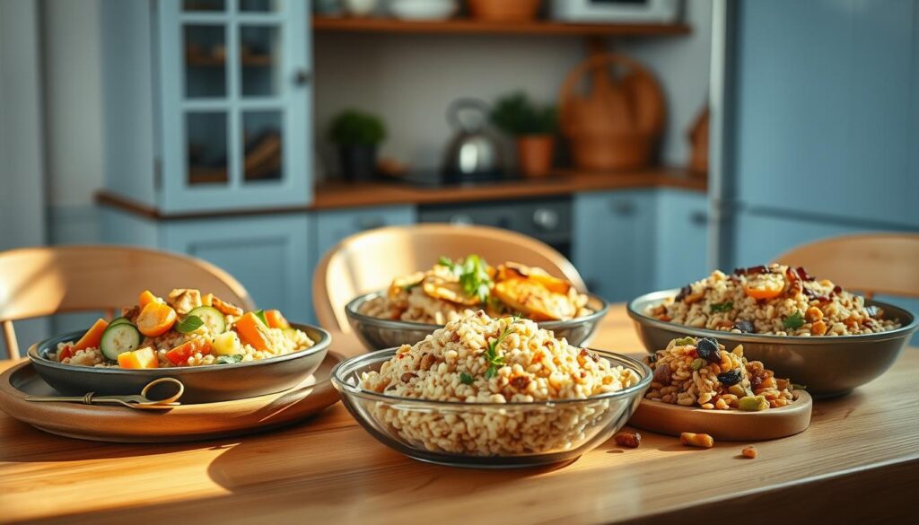 A cozy, minimalist kitchen with warm wooden textures and light blue accents. On the wooden table, a selection of cold grain recipes artfully arranged - quinoa salad with roasted vegetables, barley with grilled chicken and herbs, and a colorful wild rice medley with dried fruit and nuts. Soft natural lighting illuminates the scene, casting gentle shadows and highlighting the tempting textures of the dishes. The overall mood is one of simplicity, nourishment, and a love for good, wholesome food.