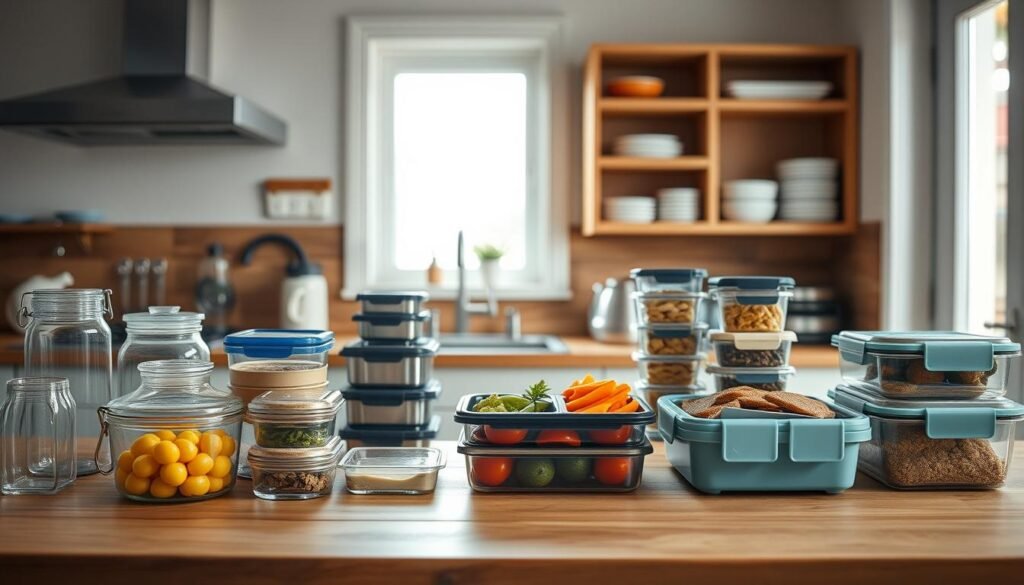 A cozy, minimalist kitchen with warm wooden textures and light blue accents. The foreground features an assortment of various glass, plastic, and stainless steel food storage containers neatly arranged on a wooden countertop. In the middle ground, a few well-organized reusable lunch boxes and bento-style containers are showcased, demonstrating efficient meal prep solutions. The background subtly incorporates open shelving units, hinting at ample storage space for these practical container options. The lighting is soft and natural, creating a calming, inviting atmosphere to explore effective storage tips for a weekly meal rotation.