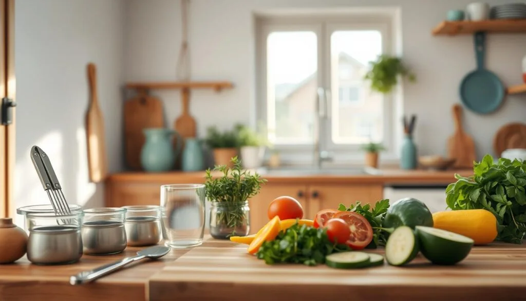 A cozy, minimalist kitchen with warm wooden tones and light blue accents. In the foreground, a carefully curated collection of cooking utensils, measuring cups, and fresh herbs arranged in a visually appealing manner. In the middle ground, a cutting board with sliced vegetables, their colors and textures creating a harmonious composition. The background features a window allowing natural light to flood the space, casting a soft, diffused glow. The overall mood is one of intentional, design-driven meal planning, where every element serves a functional and aesthetic purpose.