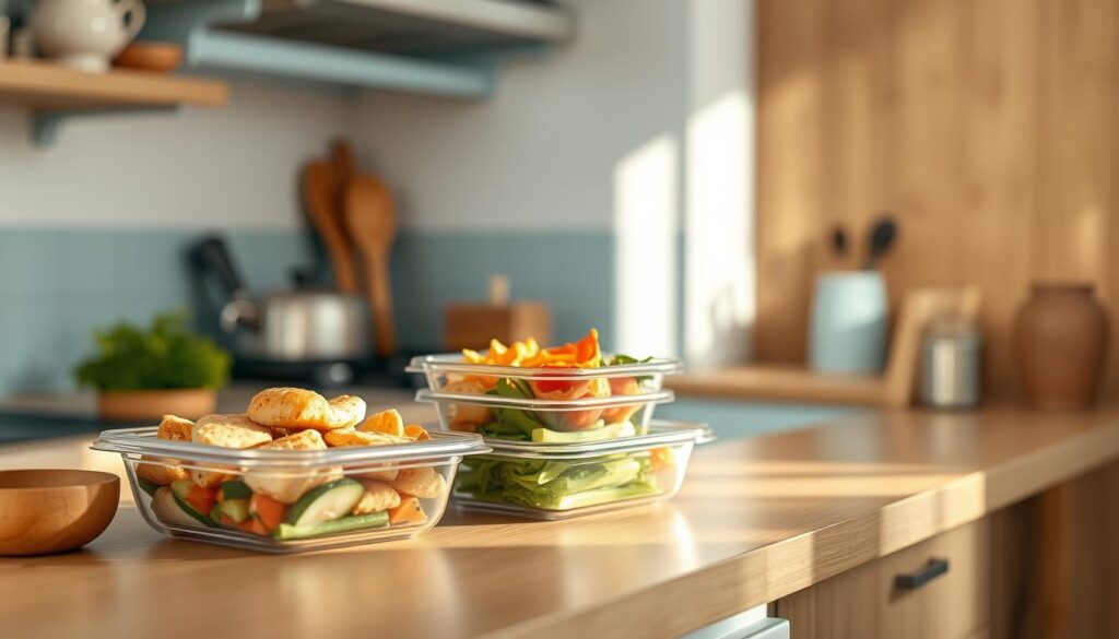 A cozy, minimalist kitchen with warm wooden tones and light blue accents. On the countertop, a set of budget-friendly keto meal prep containers filled with low-carb ingredients like grilled chicken, roasted vegetables, and healthy fats. The lighting is soft and natural, casting a gentle glow across the simple, uncluttered scene. The camera captures the scene from a slightly elevated angle, showcasing the compact yet practical layout of the kitchen. The overall atmosphere conveys a sense of efficiency and cost-consciousness, perfect for illustrating a section on &amp;amp;quot;Budget-Friendly and Quick Keto Lunch Solutions&amp;amp;quot;.