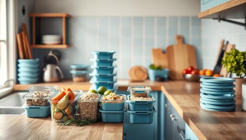A cozy, minimalist kitchen with wooden countertops and light blue accents sets the scene. On the counter, an array of meal prep containers in various sizes and shapes, their lids stacked neatly nearby. Fresh produce, grains, and proteins are arranged in an organized, visually appealing manner, hinting at the balanced macros within. The lighting is soft and natural, casting a warm glow over the space. The angle captures the entire kitchen layout, highlighting the efficient storage solutions and well-designed workflow for effortless meal preparation.