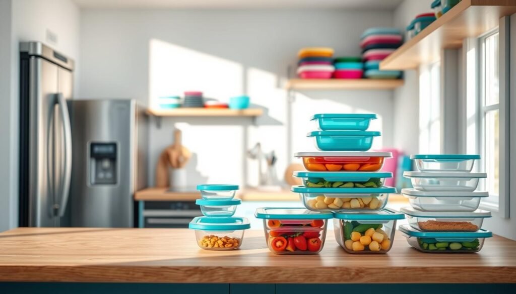 A cozy, minimalist kitchen with wooden countertops and light blue accents. An assortment of glass meal prep containers and reusable silicone lids neatly arranged on the counter, casting soft shadows. Stainless steel appliances gleam in the gentle overhead lighting, complementing the clean, organized aesthetic. Shelves hold stacks of colorful, BPA-free storage containers in various shapes and sizes, ready to house a variety of prepped ingredients. The scene exudes efficiency, convenience, and a commitment to healthy, nutrient-dense meal preparation.