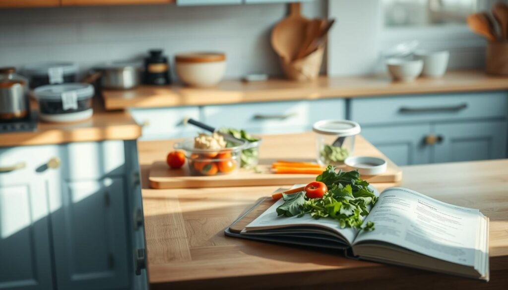 A cozy, minimalist kitchen with wooden countertops and light blue accents. On the counter, various meal prep containers, a cutting board with fresh vegetables, and a recipe book open to a page with tips and techniques. Soft, natural lighting illuminates the scene, creating a warm and inviting atmosphere. The countertop is clear, allowing the focus to be on the practical, organized elements of meal preparation.