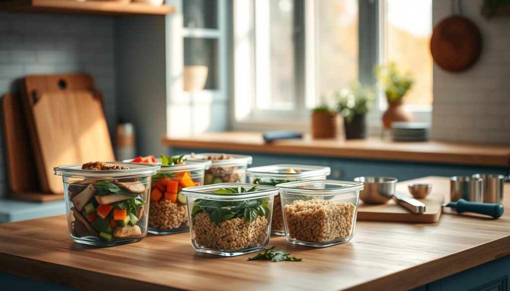 A cozy, minimalist kitchen with wooden countertops and light blue accents. On the countertop, several glass containers filled with a variety of prepped ingredients - grilled chicken, roasted vegetables, quinoa, and fresh herbs. Beside them, a cutting board with a knife and some measuring cups, creating an organized, efficient meal prep setup. Warm, indirect lighting from a large window bathes the scene in a soft, natural glow, highlighting the textures and colors. The overall atmosphere conveys a sense of calm, mindful preparation for nutritious, high-protein lunches.