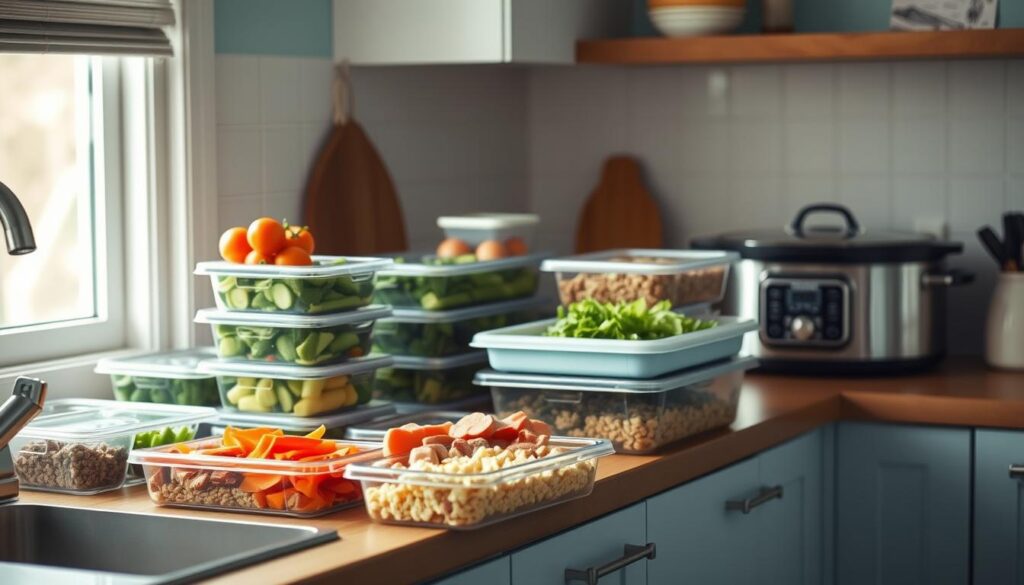 A cozy, minimalist kitchen with wooden countertops and light blue accents. On the countertop, a variety of meal prep containers in different sizes and shapes, filled with freshly chopped vegetables, marinated meats, and pre-portioned grains. In the background, a slow cooker simmering a hearty stew. Bright, natural lighting filters in through a nearby window, casting a warm glow over the scene. The overall atmosphere is one of organization, efficiency, and a sense of preparedness for the busy week ahead.