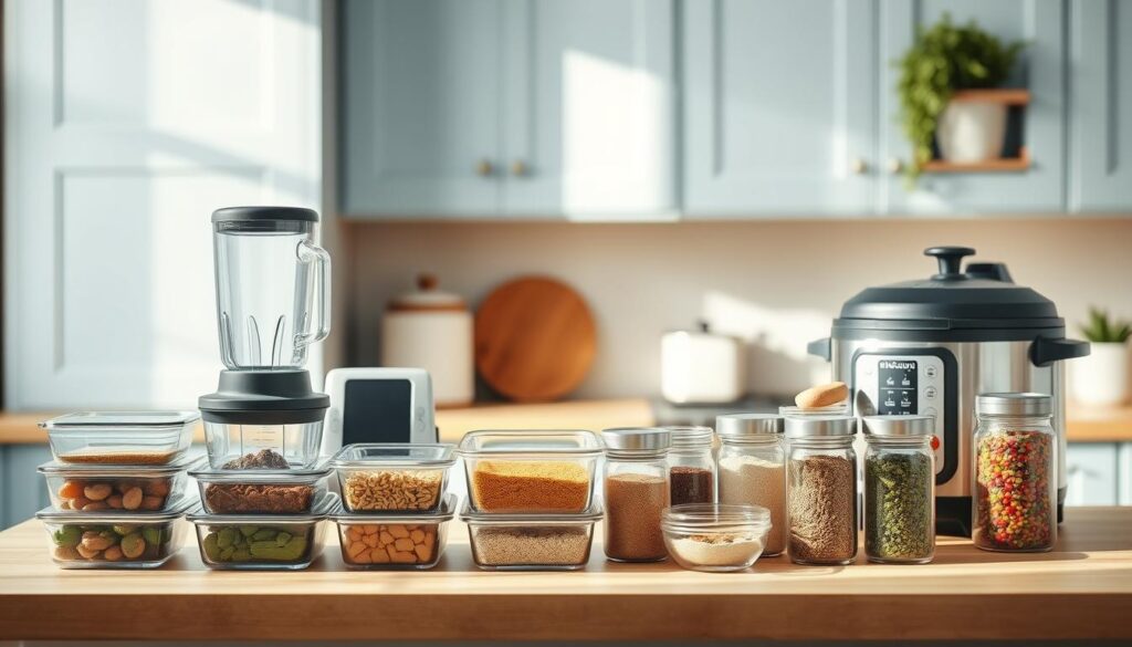 A cozy, minimalist kitchen with wooden countertops and light blue cabinetry serves as the backdrop. On the countertop, an array of batch cooking essentials are neatly arranged - glass meal prep containers, a high-quality blender, a rice cooker, a slow cooker, and various spices and herbs in elegant glass jars. The lighting is soft and natural, casting a warm glow over the scene. The composition is balanced, with the kitchen utensils taking center stage, hinting at the efficiency and simplicity of meal prepping for the busy office worker.