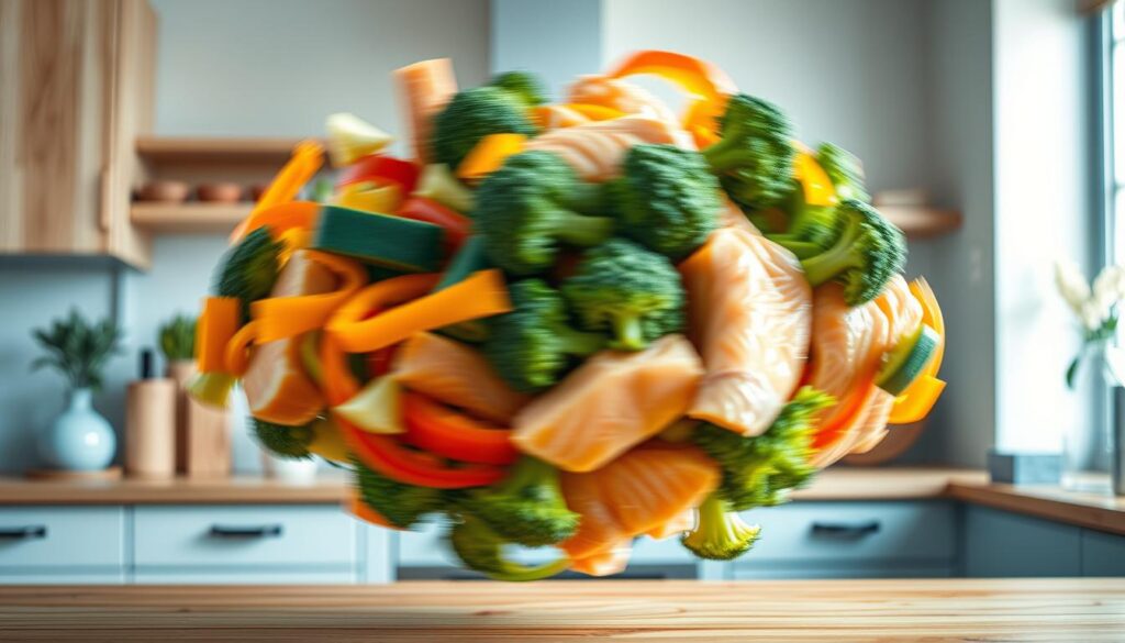 A cozy, minimalist kitchen with wooden textures and light blue accents provides the setting for a mesmerizing display of rotating proteins and veggies. Vibrant, freshly chopped zucchini, bell peppers, and broccoli spin gracefully, intertwined with juicy chicken breasts and tender salmon fillets. Warm, directional lighting accentuates the natural colors and textures, creating a visually captivating scene that hints at the delicious and nourishing meal preparations to come. The gentle rotation suggests a sense of effortless efficiency, inspiring a feeling of culinary creativity and a desire to explore new and exciting lunch options.
