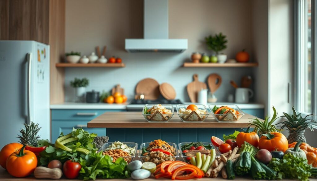 A cozy, minimalist kitchen with wooden textures and light blue accents serves as the backdrop for an artful display of creative lunchbox combinations. In the foreground, an array of fresh ingredients - vibrant vegetables, colorful fruits, and protein-rich options - are carefully arranged in a visually striking manner. The middle ground features innovative, no-heat meal ideas, each one a unique fusion of flavors and textures. Soft, diffused lighting casts a warm glow, highlighting the textures and colors of the culinary creations. The overall atmosphere conveys a sense of culinary inspiration and a celebration of the endless possibilities for customizing delicious, no-heat lunchbox meals.