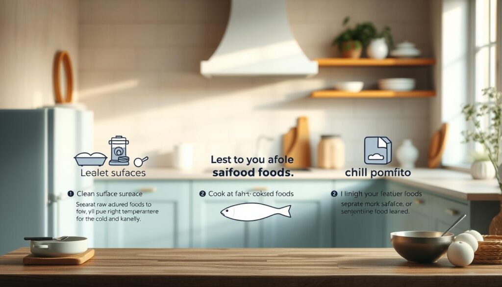 A cozy, minimalist kitchen with wooden textures and light blue accents serves as the backdrop for an informative illustration on seafood safety and proper food handling. In the foreground, a carefully arranged display showcases key guidelines - clean surfaces, separate raw and cooked foods, cook to the right temperature, and chill promptly. The lighting is soft and natural, casting a warm glow over the scene and emphasizing the importance of these simple yet crucial steps for ensuring the safety of cold seafood dishes. The overall atmosphere conveys a sense of culinary care and attention to detail, inviting the viewer to engage with these essential food safety practices.