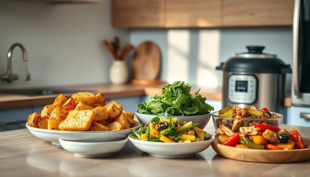 A cozy, minimalist kitchen with wooden textures and light blue accents serves as the backdrop. On the countertop, an assortment of Instant Pot-friendly side dishes are artfully arranged - golden-brown roasted potatoes, vibrant sautéed greens, and a medley of seasoned vegetables. The soft, diffused lighting casts a warm glow, highlighting the textures and colors of the dishes. The scene conveys a sense of effortless elegance, inviting the viewer to imagine the delicious flavors and nourishing qualities of these Instant Pot side dishes.