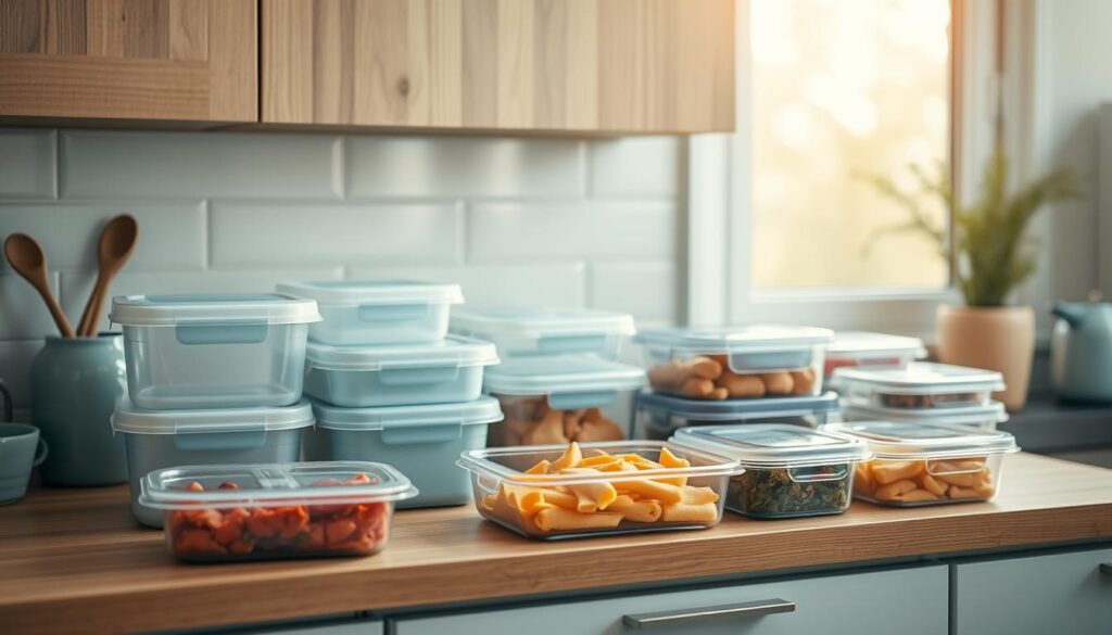 A cozy, minimalist kitchen with wooden textures and light blue accents sets the scene. On the counter, a variety of food storage containers in various sizes and shapes are neatly arranged, their lids securely closed. The lighting is soft and diffused, casting a warm glow over the scene. The camera angle is slightly elevated, giving a clear view of the well-organized food prep area. This image conveys the importance of proper meal storage, ensuring the safety and freshness of office lunches during unrefrigerated hours.