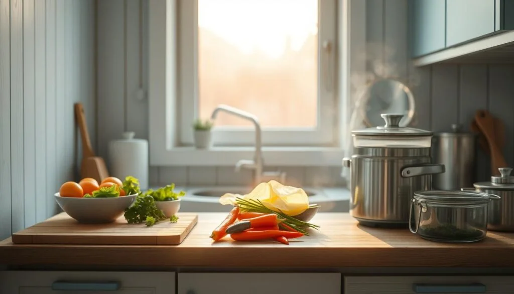 A cozy, minimalist kitchen with wooden textures and light blue accents sets the scene. On the countertop, various ingredients and kitchen tools are neatly arranged, including a cutting board, a bowl of fresh vegetables, and a steaming pot. Through the window, the warm glow of the afternoon sun filters in, casting a soft, natural light across the space. The overall atmosphere conveys a sense of organization and efficiency, hinting at the productivity of weekend batch cooking. The scene invites the viewer to envision transforming these simple ingredients into a week's worth of delicious, nourishing lunches.