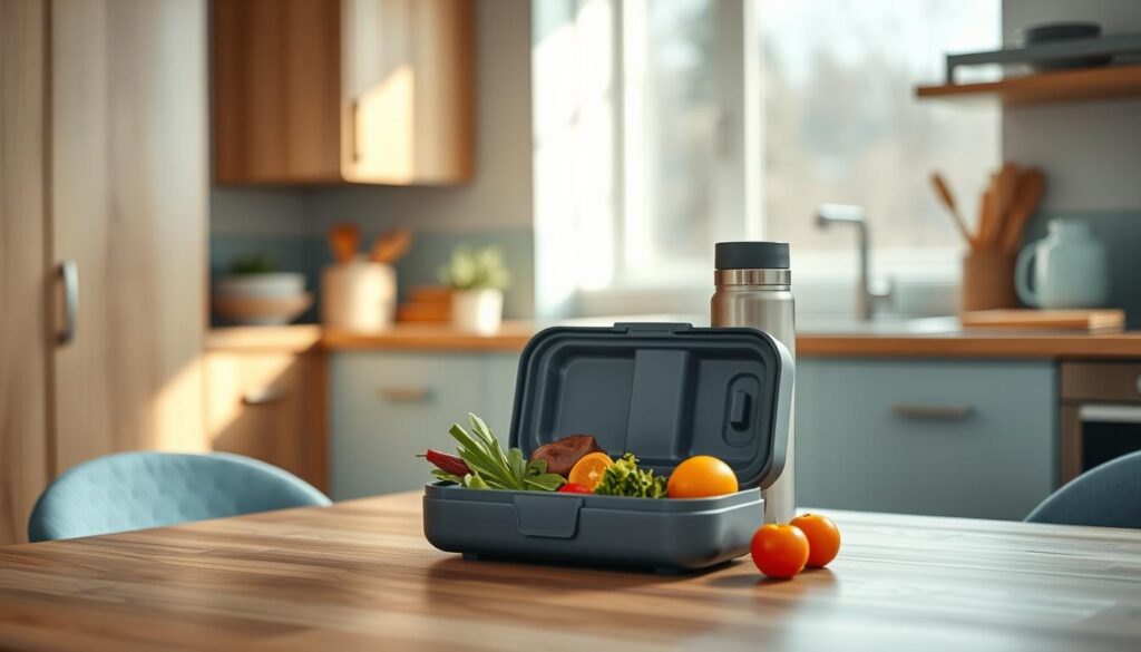 A cozy, minimalist kitchen with wooden textures and light blue accents sets the stage for an insulated lunch science experiment. In the foreground, a sleek, compact lunchbox sits atop a wooden table, its insulated walls revealing the secret to keeping food fresh without heat. The middle ground showcases various healthy lunch components - crisp vegetables, juicy fruits, and a thermos of chilled beverage. Soft, natural lighting from a nearby window illuminates the scene, casting gentle shadows and highlighting the importance of insulation in preserving the integrity of the meal. The overall atmosphere conveys the efficiency and convenience of this no-heat lunchbox solution, perfect for busy schedules and active lifestyles.