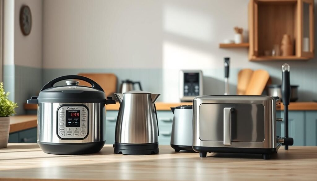 A cozy, minimalist kitchen with wooden textures and light blue accents showcases a side-by-side comparison of electric appliances for efficient meal preparation. In the foreground, a high-end multi-function pressure cooker and a modern convection oven stand out against the neutral backdrop. The middle ground features a sleek electric kettle and a compact toaster oven, while the background subtly displays a modern air fryer and a powerful immersion blender. The scene is bathed in soft, warm lighting, creating an inviting and productive atmosphere for the 
